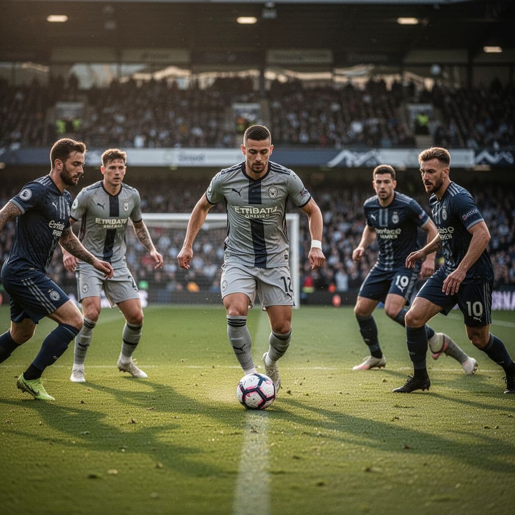 Soccer player in modern uniform dribbles ball on green stadium field, two opponents closing in, blurred background.