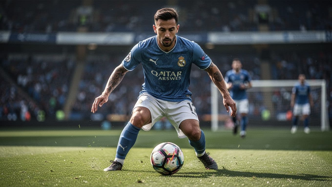 A focused soccer player controls the ball on a vibrant green grass field.