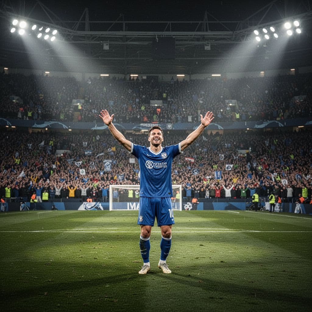 A professional soccer player cheers with arms wide open in the center of a grassy pitch. Thousands of fans fill the glowing stadium stands under bright, cinematic arena floodlights during evening.