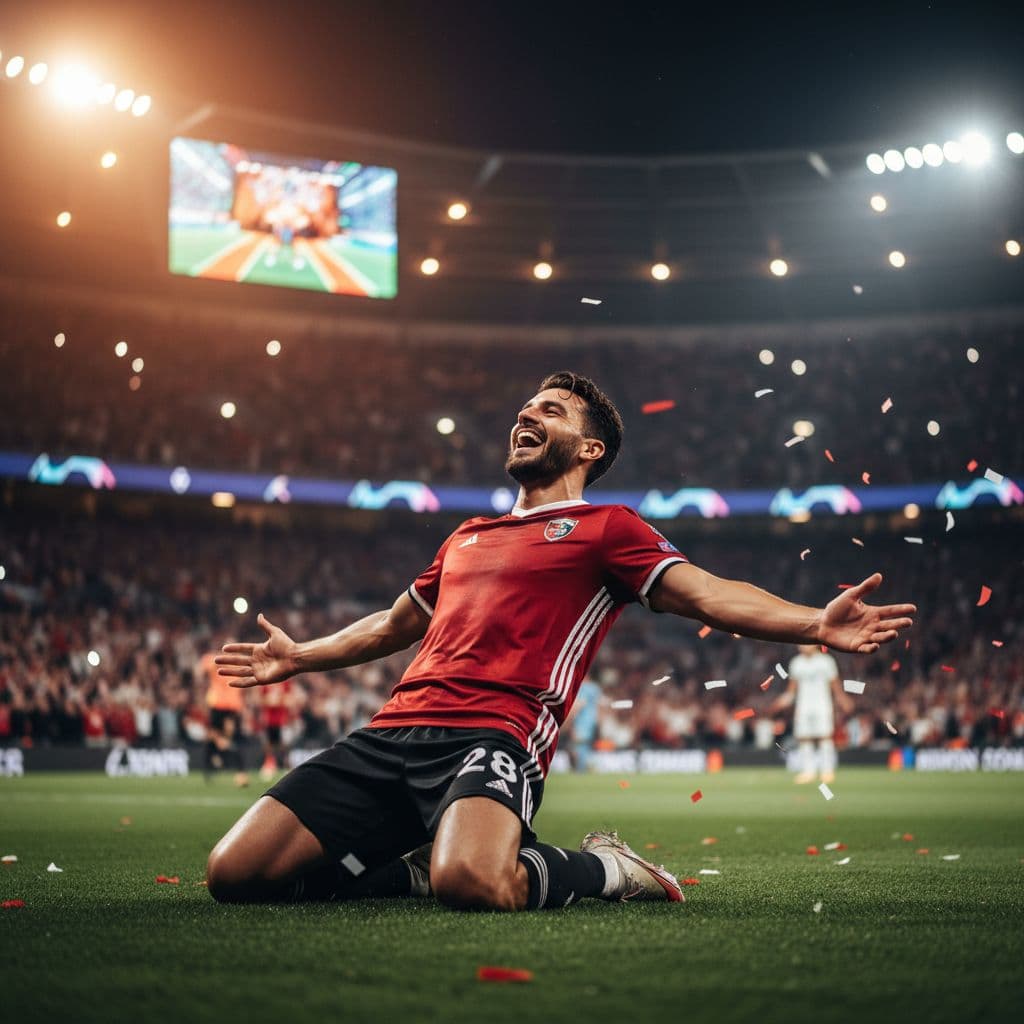 A soccer athlete in a vibrant red jersey raises his arms in triumph under the bright stadium lights. Behind him, the blurred crowd and arena seating create an electric nighttime atmosphere.