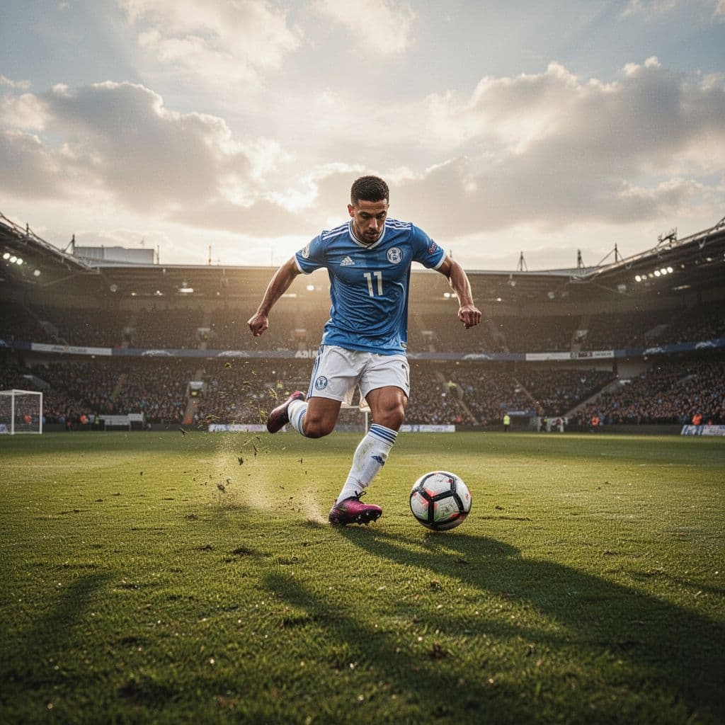 Professional soccer player sprints across green grass pitch in wide shot emphasizing movement.