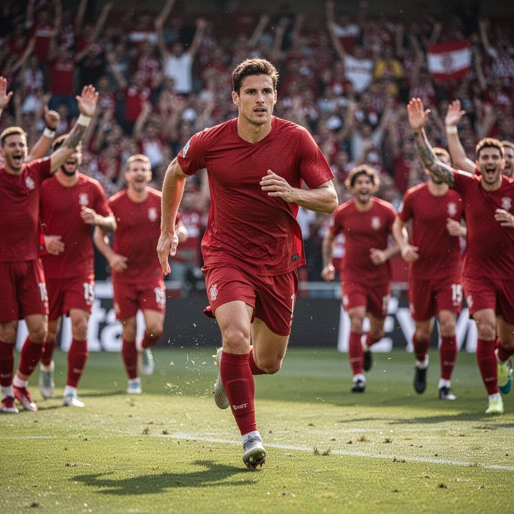 A focused soccer player in a red jersey leads their team on the pitch during a match.