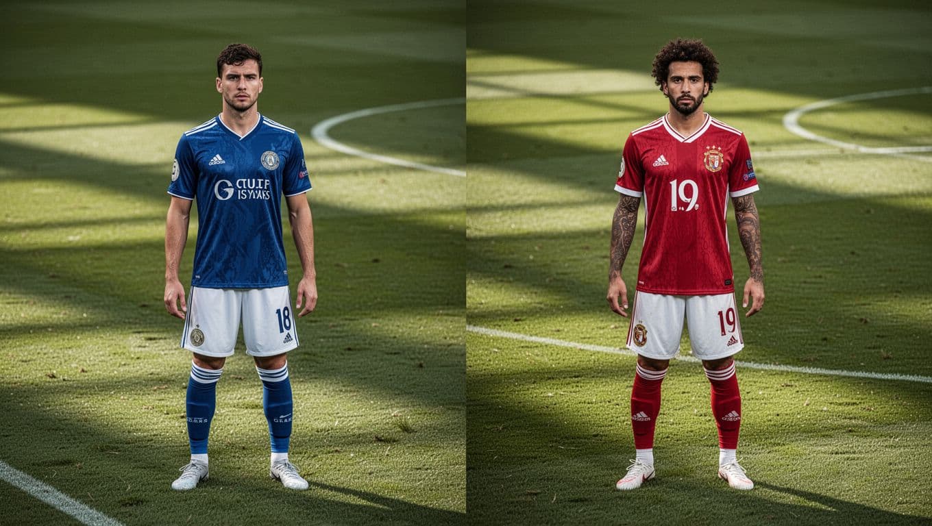 Two professional soccer players stand on a grassy pitch in a split-screen composition. Each athlete wears a detailed team uniform, showcasing contrasting colors as they prepare for a competitive match.
