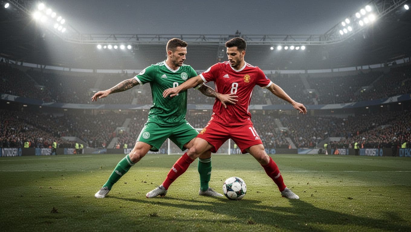 A soccer player in a vibrant green kit engages in a physical challenge against an opponent wearing red at midfield. Bright stadium lights illuminate the grass surface during this competitive match.