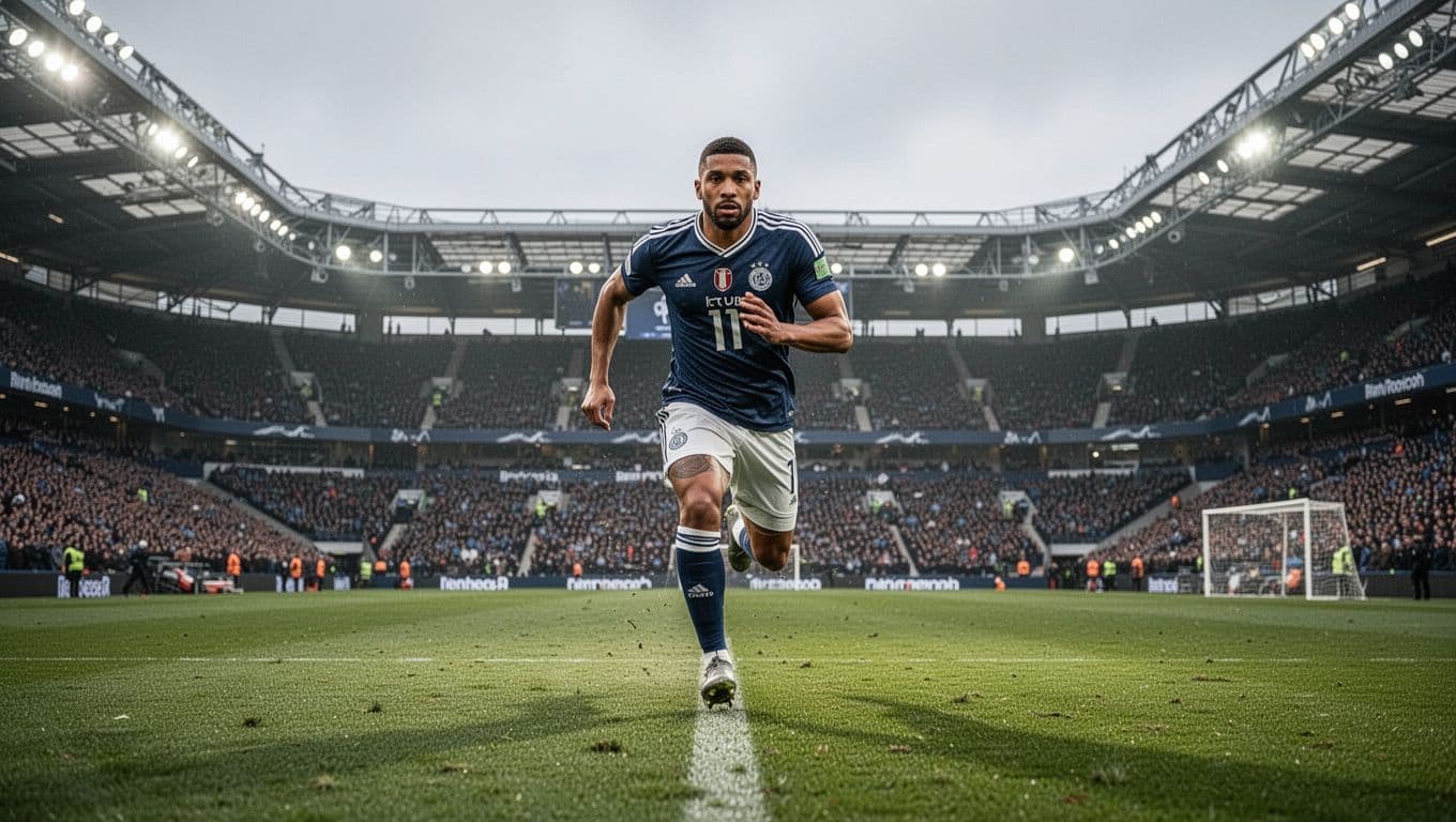 Soccer player in dark blue and white jersey runs on grass field in large stadium on cloudy day.