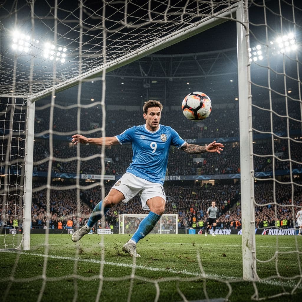 A focused soccer player kicks the ball toward the net during a high-stakes tournament match. Blazing stadium floodlights illuminate the grass while the athlete exhibits intense focus in this dynamic action.