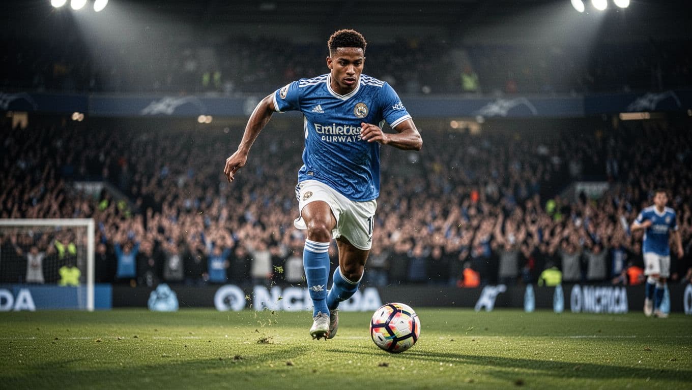 Soccer player runs fast on field with ball near feet, blurred crowd background.