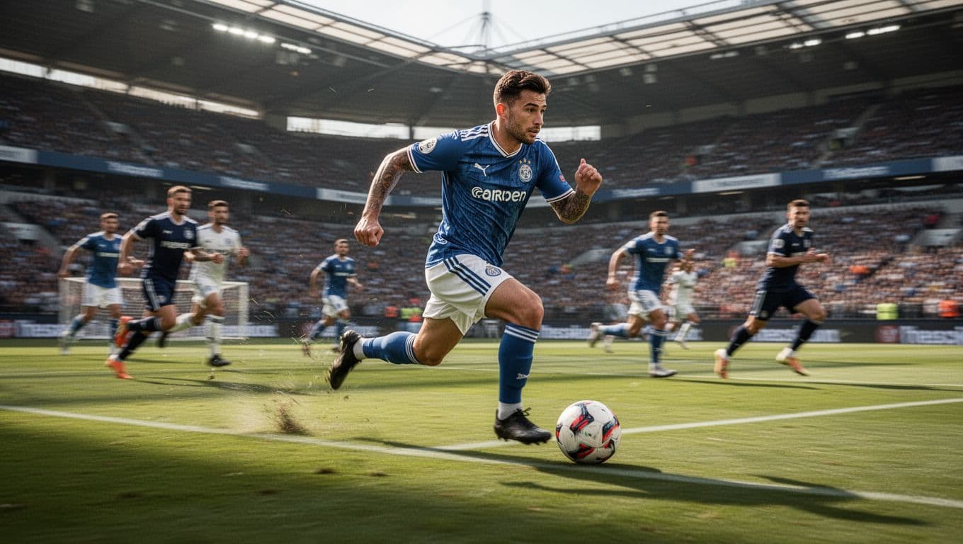 A soccer player sprints across the wing with the ball during a fast-paced counter-attack.