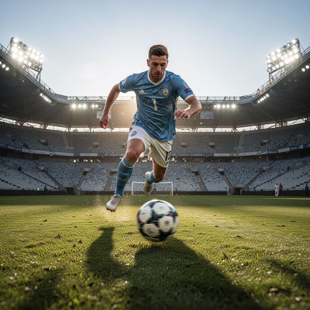 A professional athlete runs across a grass field while dribbling a soccer ball under sunny stadium lights.