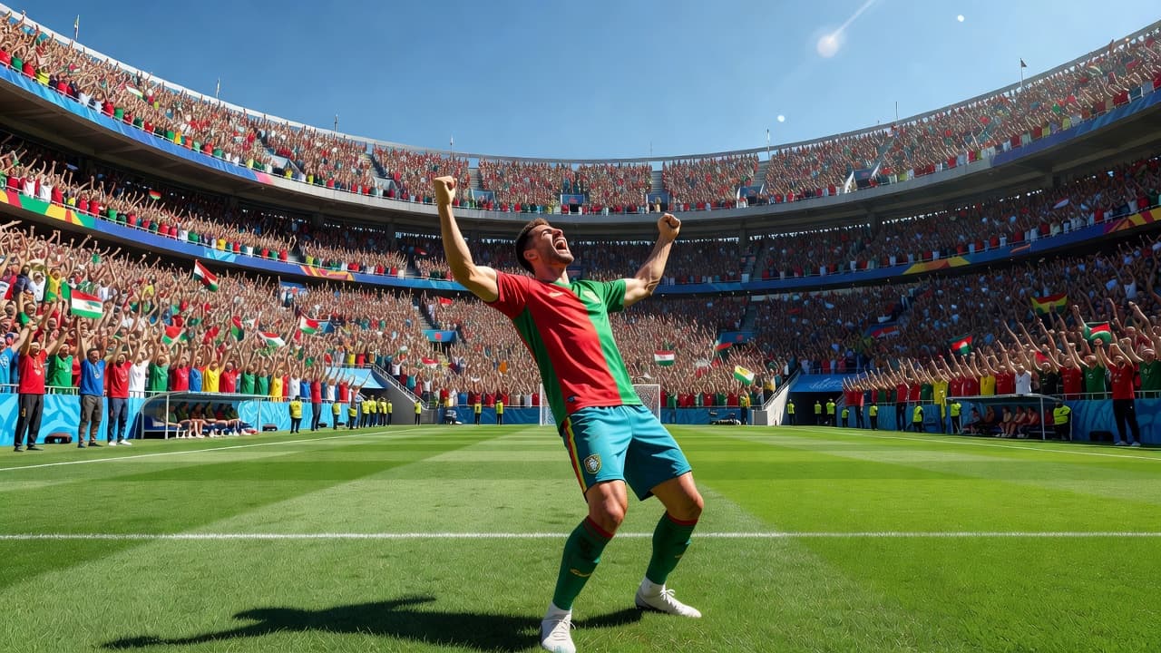 A soccer player sprints across the grass with arms outstretched in triumph. In the blurred background, a massive stadium filled with a cheering crowd glows under bright, clear sunlight.