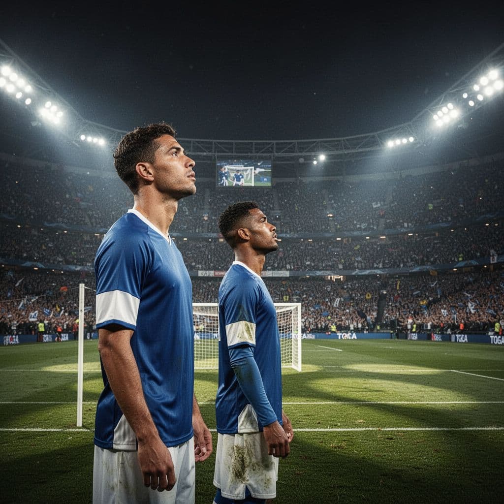 A focused athlete wearing a blue and white jersey stands on a grass pitch. The massive stadium glows with bright spotlights and thousands of blurred spectators fill the dark background stands.