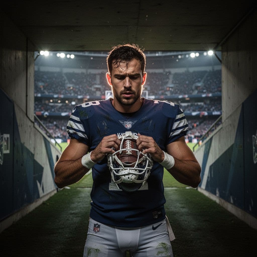 Professional soccer player stands intently in stadium tunnel before match under dramatic lighting with blurred background.