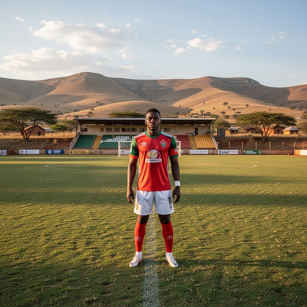 A soccer player in a vibrant uniform stands on a rural field under golden afternoon sunlight.