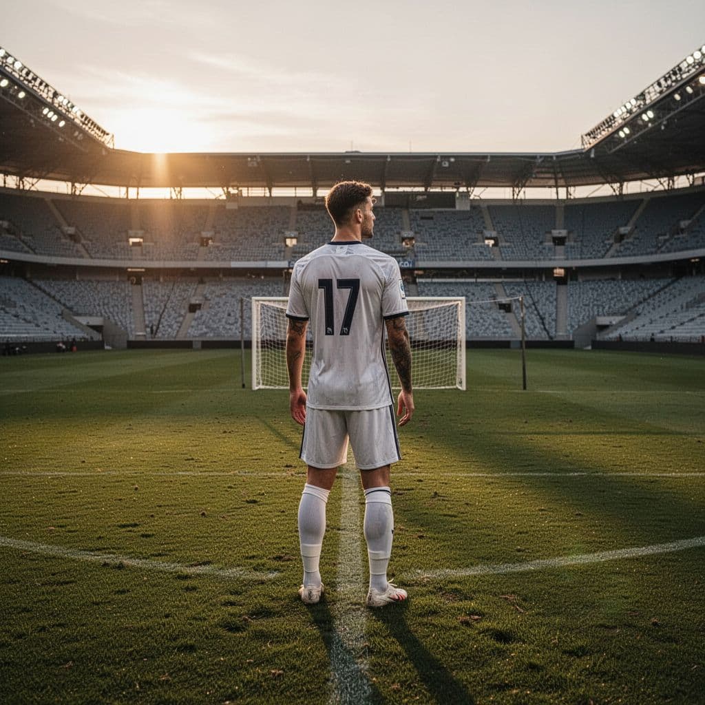 A professional soccer player standing on a stadium pitch at sunset, looking towards the goal, realistic style, soft warm lighting, wide shot, high quality, no text, no logos, exactly one person.