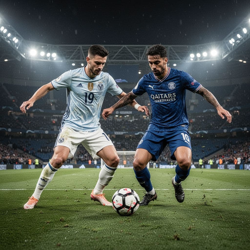 Two soccer players from opposing teams fiercely compete for ball possession on a large stadium pitch.