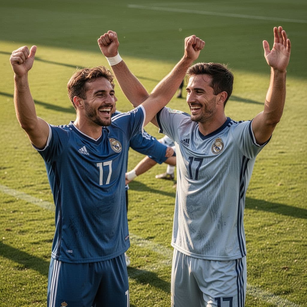 Close-up of two soccer players in jerseys celebrating a goal on green grass field.