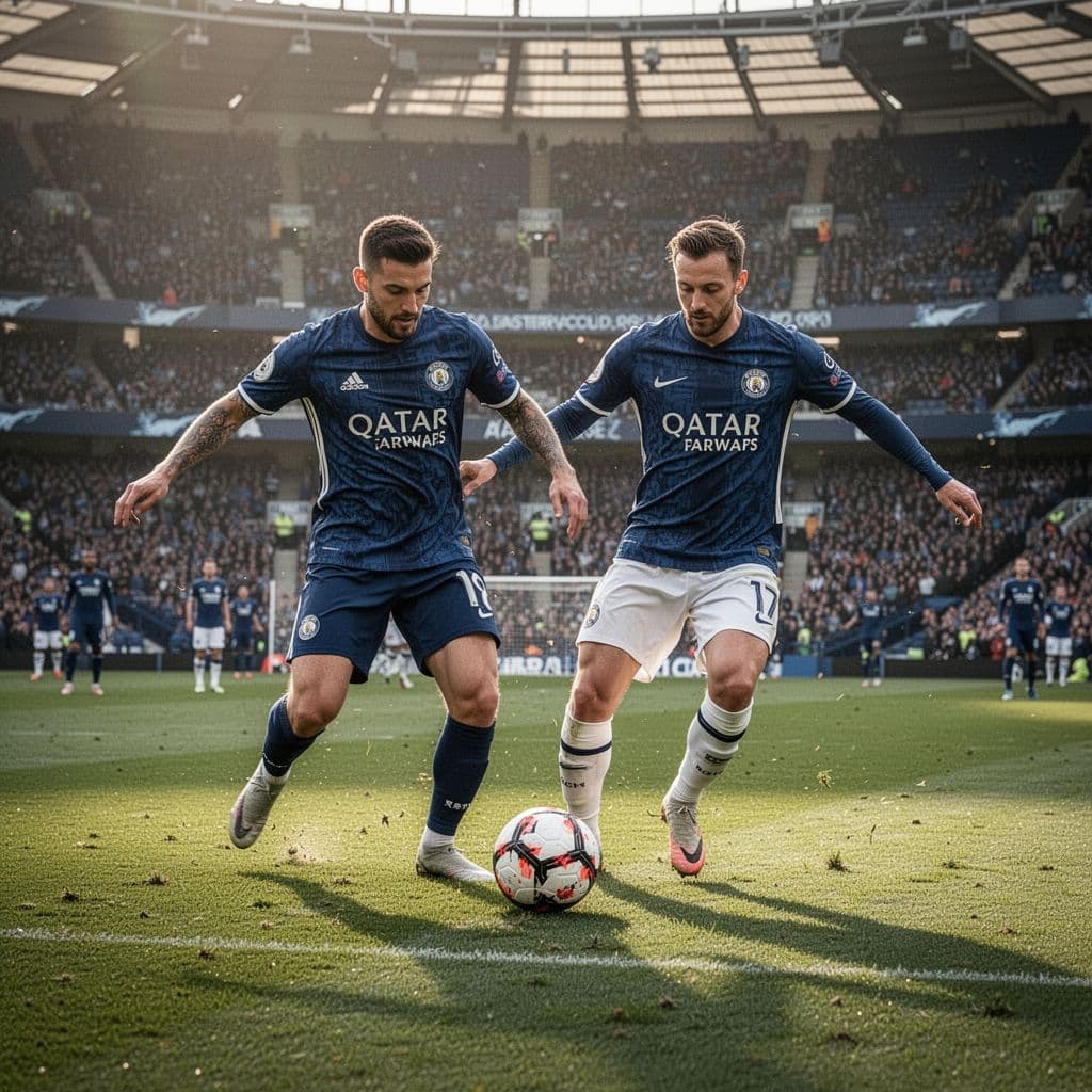 Two soccer players in team jerseys struggle for control of the ball on a stadium pitch.