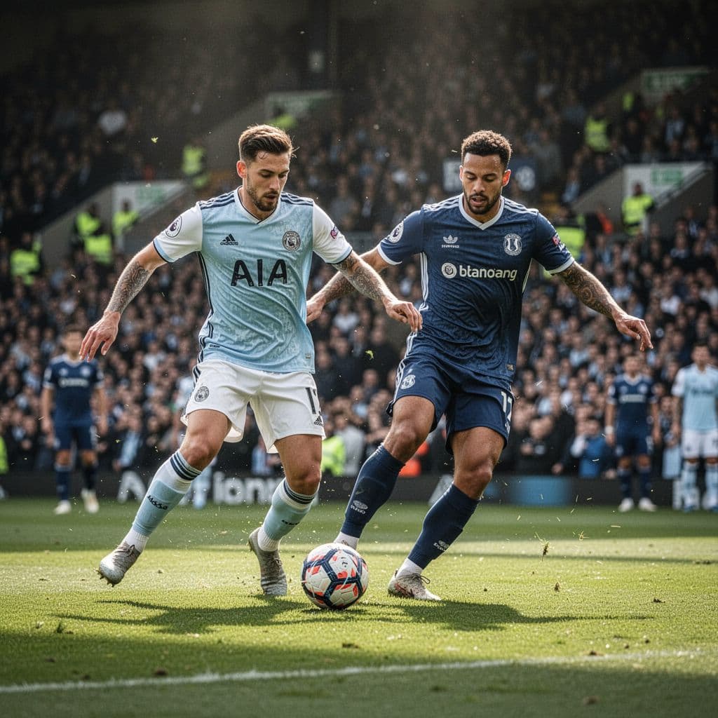 Dua pemain sepak bola berebut bola di lapangan dalam suasana laga yang ketat.