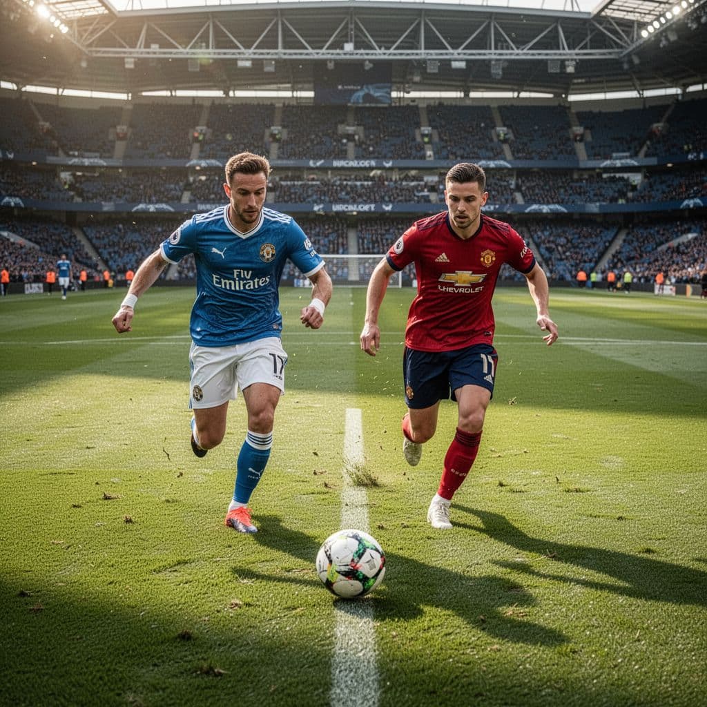 Two opposing soccer players compete for the ball on a professional grass pitch during a match.