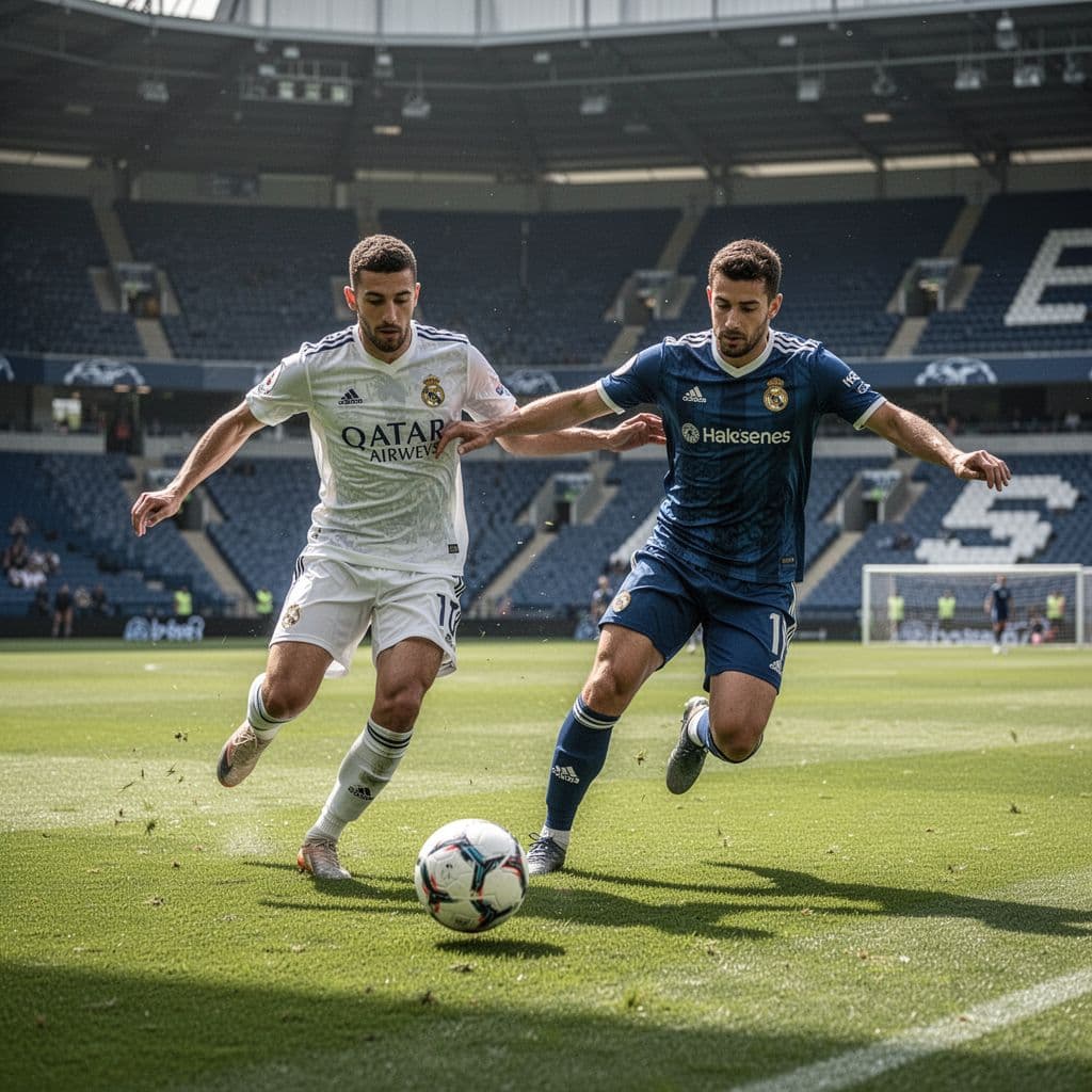 Two soccer players challenge for the ball on a vibrant green professional pitch.