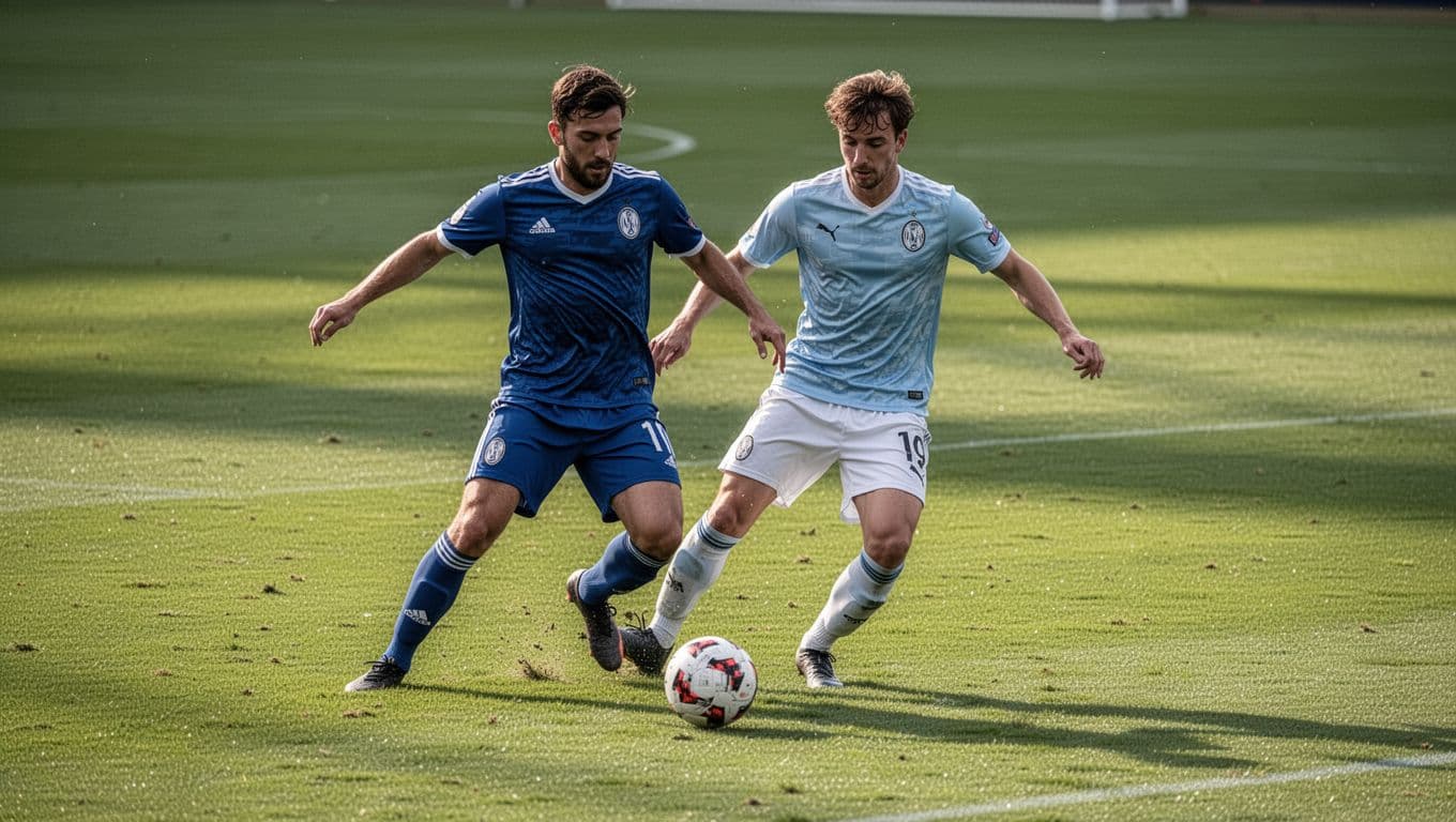 Two opposing soccer players battle for the ball on green grass field.