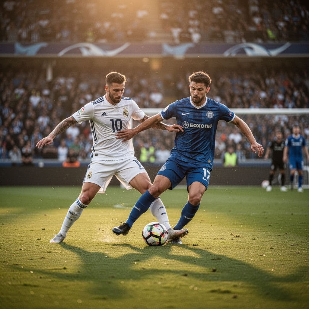 Two professional soccer players from opposing teams compete for ball possession on a bright grass field.