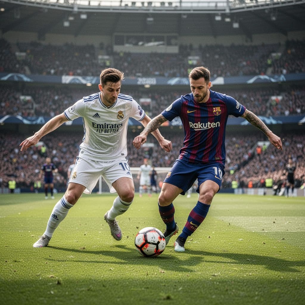 Two soccer players from opposing teams compete for possession on a bright, sunny grass field.
