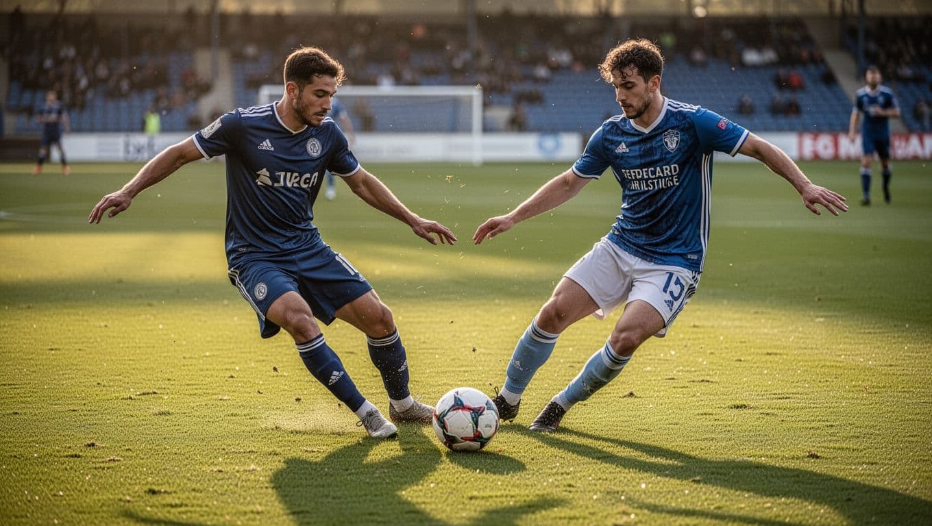 Two players from opposing teams compete for possession on a green grass field during the late afternoon.