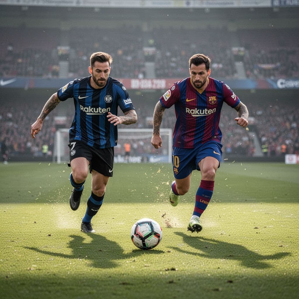 Two professional soccer players in striped jerseys compete for the ball on a grass field.