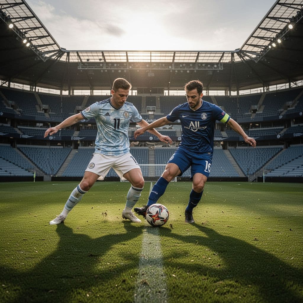 Two soccer players from opposing teams compete for possession of the ball in the middle of a field.