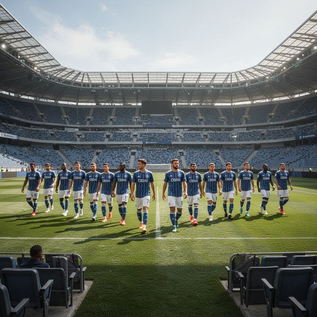 Twenty-two players in matching uniforms walk onto a vibrant green grass pitch. The expansive, modern stadium is filled with bright daylight, highlighting the professional atmosphere before the opening match begins.