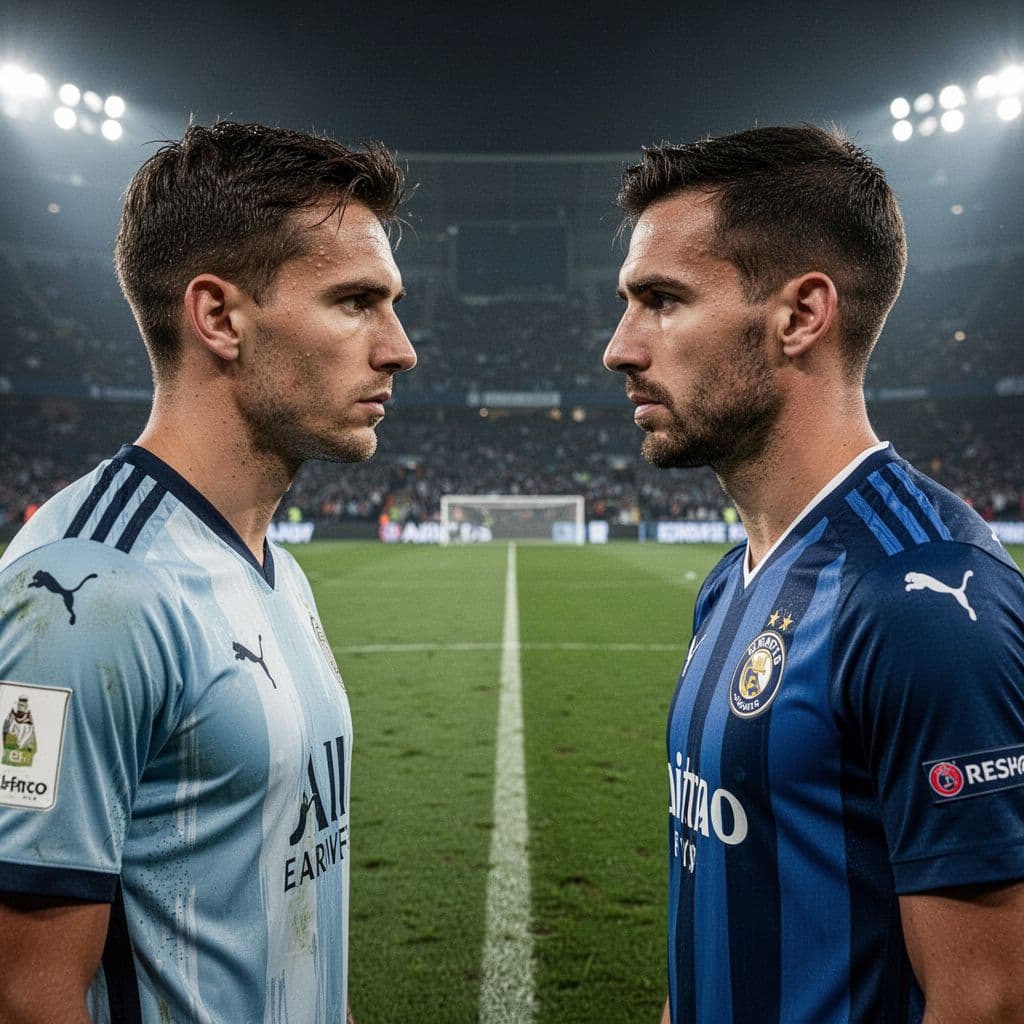 Two focused professional soccer players stand face to face on a green grass pitch under stadium lights.