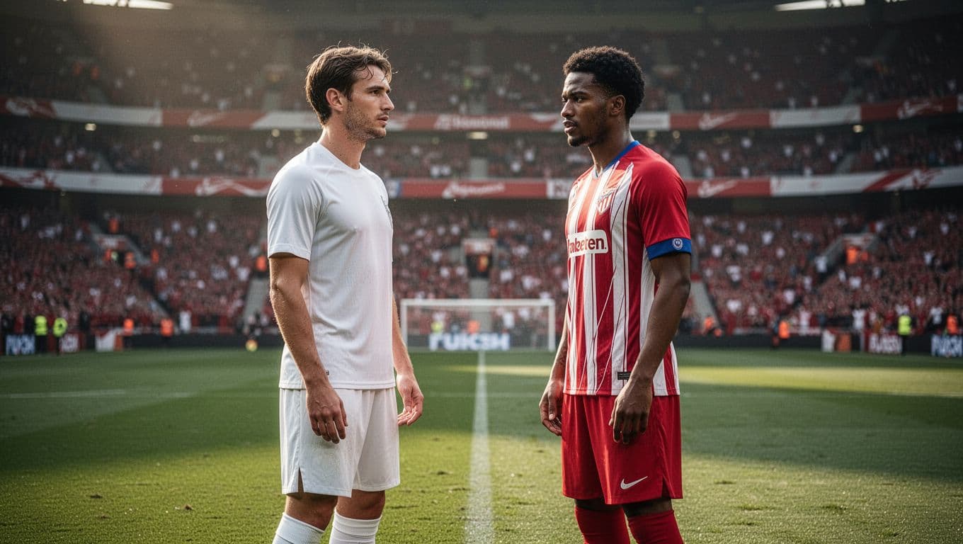 Two opposing soccer players in professional uniforms stand face-to-face on a green stadium pitch.