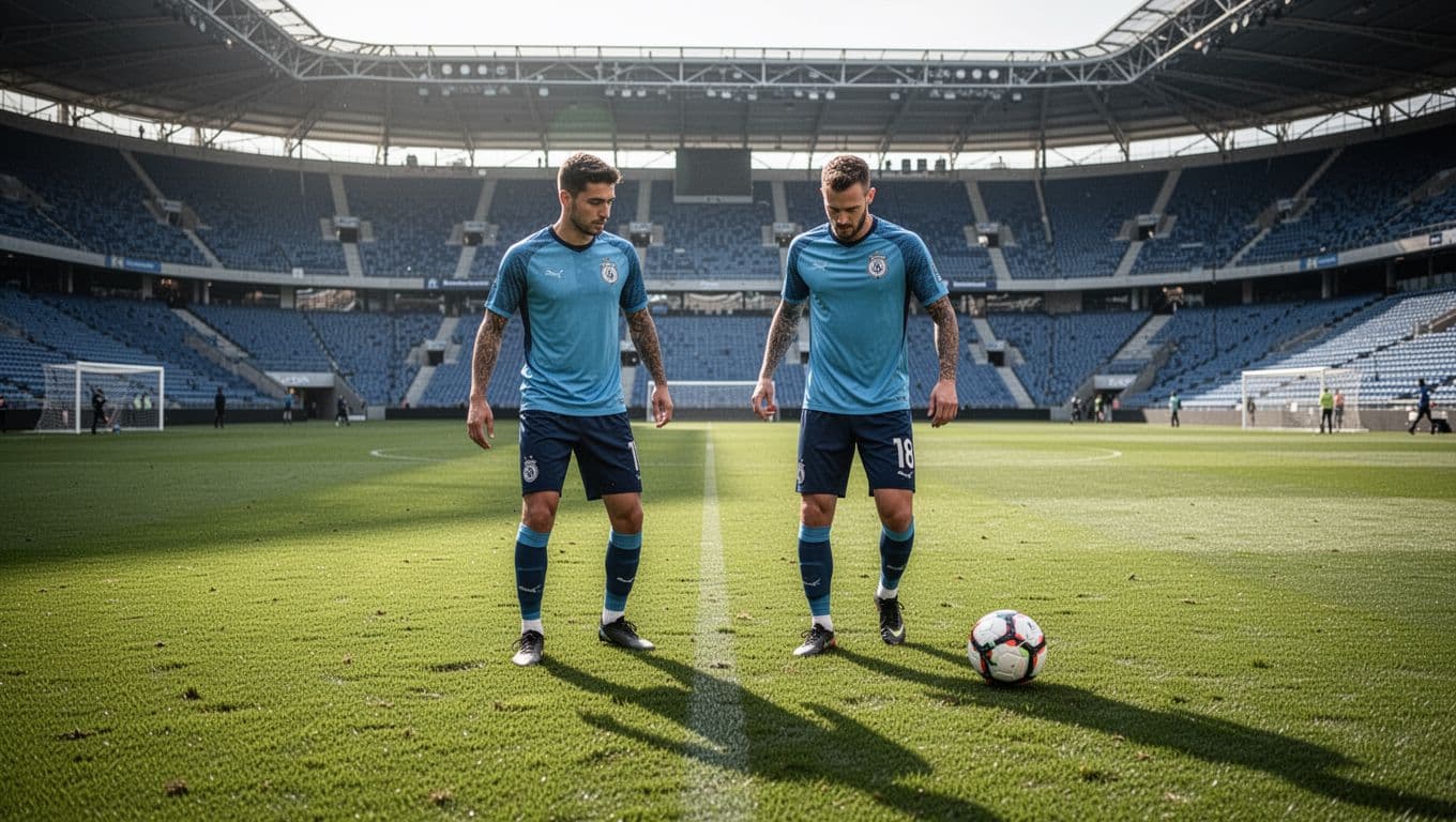 Athletes in athletic gear stretch on a vibrant green pitch under bright daylight. A solitary soccer ball rests on the grass near a vast, empty stadium seating area in the distance.