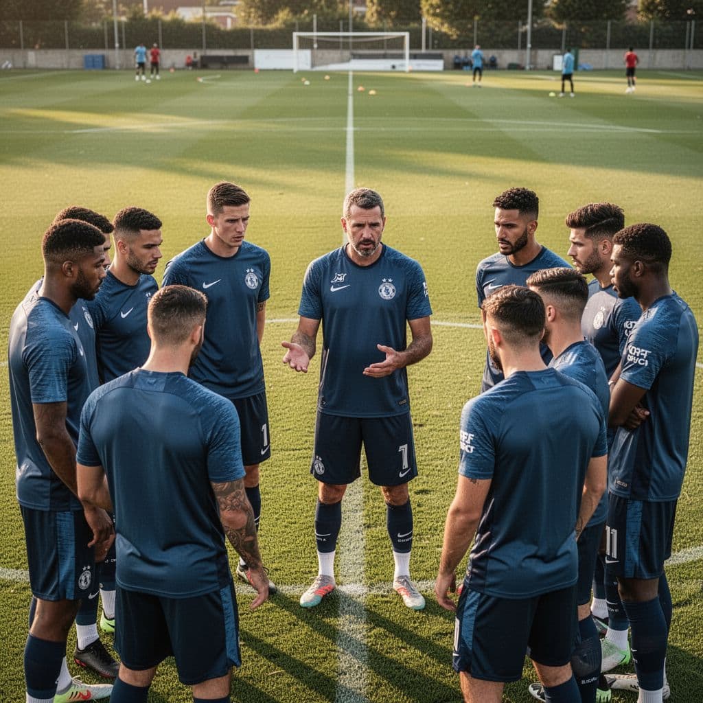 Group of professional soccer players listens to coach on field sideline during training session.