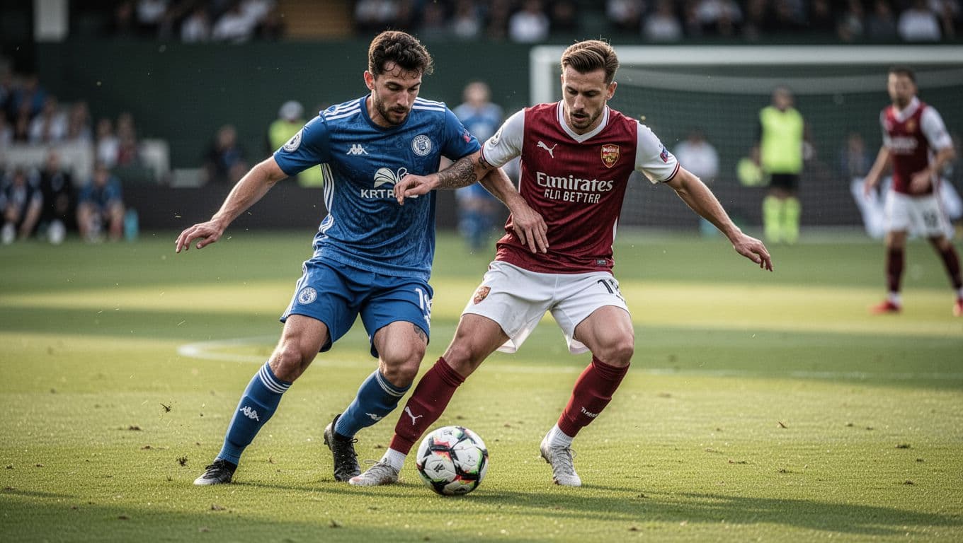 Close-up of two soccer players competing intensely for the ball on grass midfield.