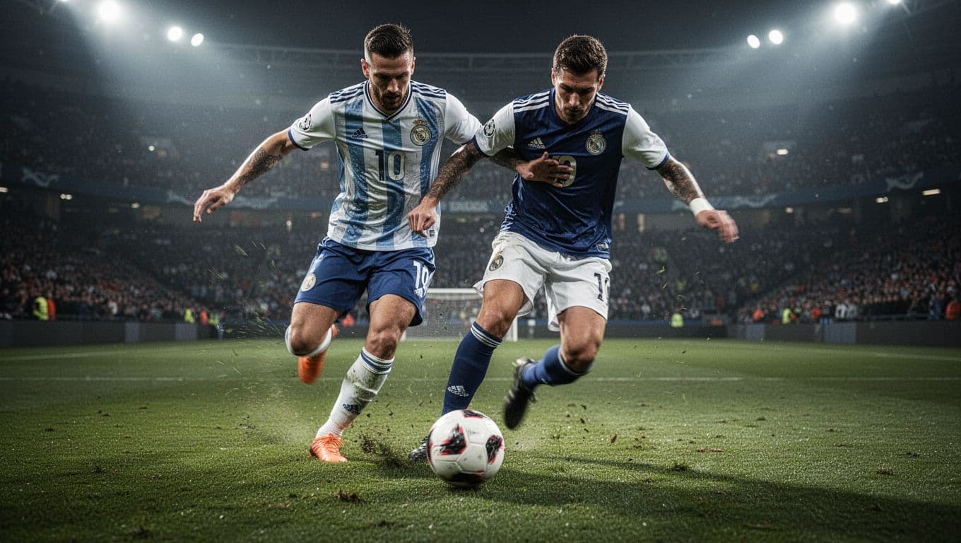 Two soccer players compete intensely for ball possession on a grass pitch under bright stadium lights.