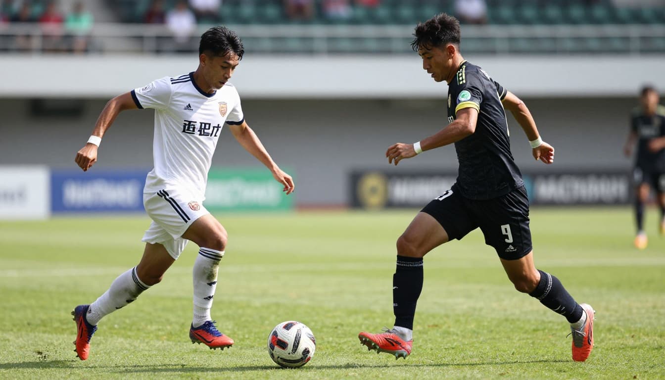 Two soccer players from rival teams compete for ball possession on a sunny grass field.