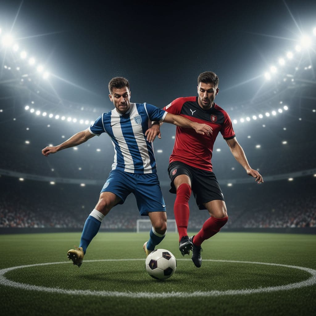 Two determined athletes from rival clubs battle for ball possession on a vibrant green pitch. Brilliant stadium floodlights illuminate their intense facial expressions during this high-stakes night match at the stadium.