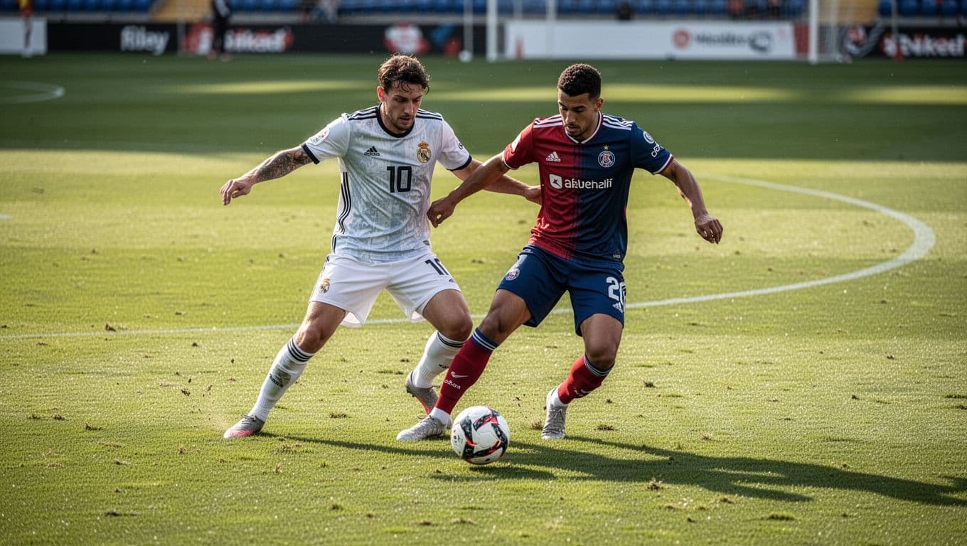 Two rival soccer players fiercely contest the ball in midfield on detailed grass.