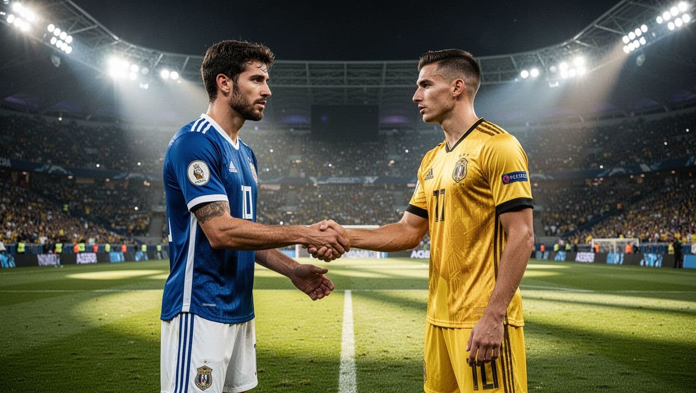 A player wearing a blue and white kit shakes hands with an opponent in a yellow and gold jersey. They stand on a bright grass pitch under vibrant stadium floodlights tonight.