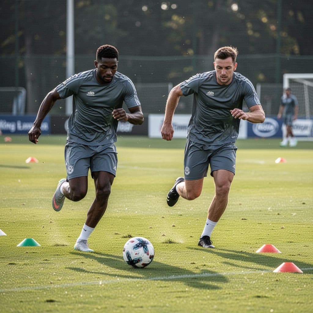 Athletes in matching training uniforms sprint across a vibrant green grass pitch during a practice drill. The composition captures the intensity of internal competition as teammates battle for ball possession.