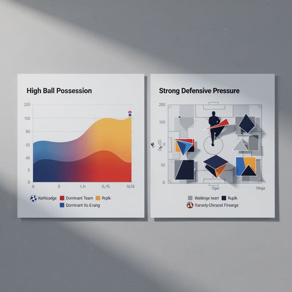 Split-screen graphic shows dominant possession charts on one side and defensive charts on the other in minimalist style.