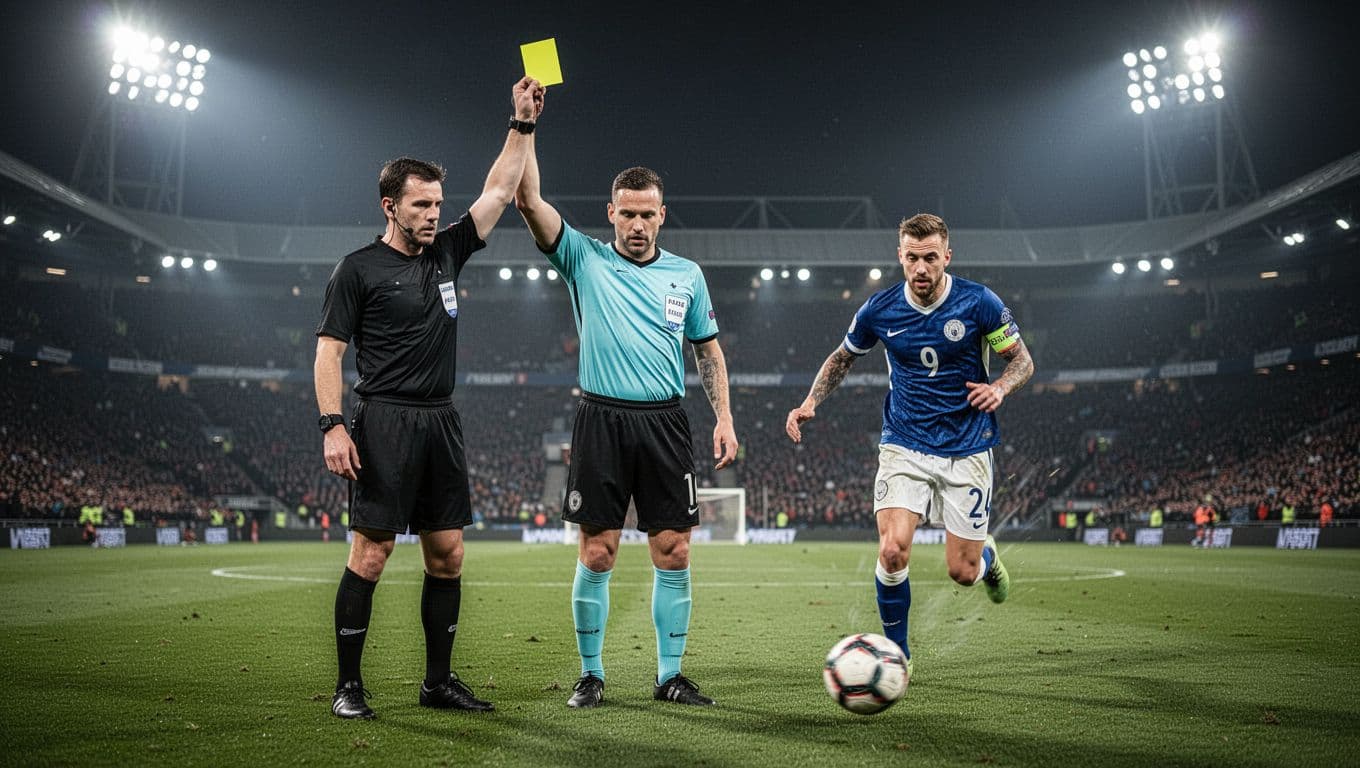 Referee shows yellow card to player as another chases ball on night stadium field.