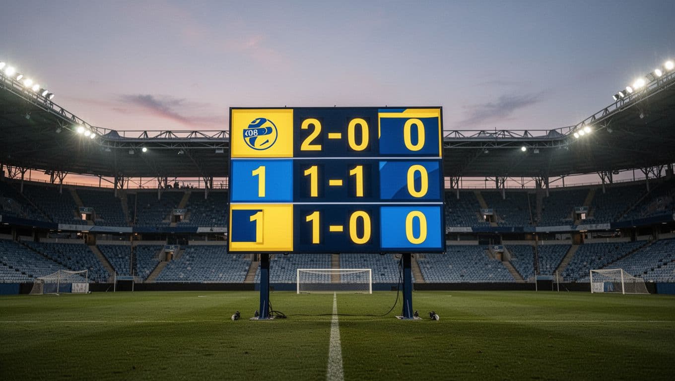 Scoreboard shows home team's results: 2-0 win, 1-1 draw, 1-0 win, in stadium at dusk.