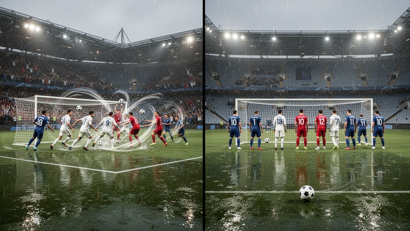 Left side: forwards miss close shots on empty net in rainy stadium. Right side: defenders watch balls cross goal line multiple times, sparse home crowd.
