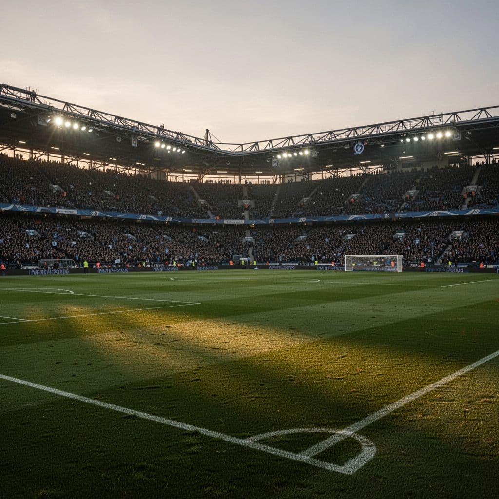 Wide view of green field in packed stadium under afternoon light.