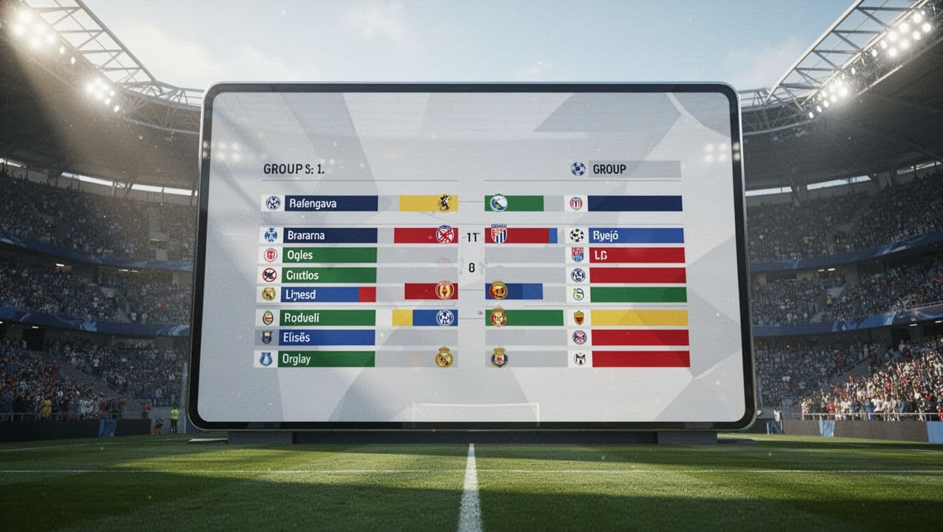 A sleek digital scoreboard mounted in a vast professional stadium displays team rankings in bright daylight. The modern interface features clean typography and color-coded rows indicating the latest tournament match outcomes.