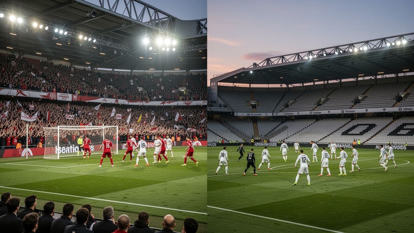 Left half shows packed home crowd cheering goal under floodlights; right half empty away stands with team defending at dusk.