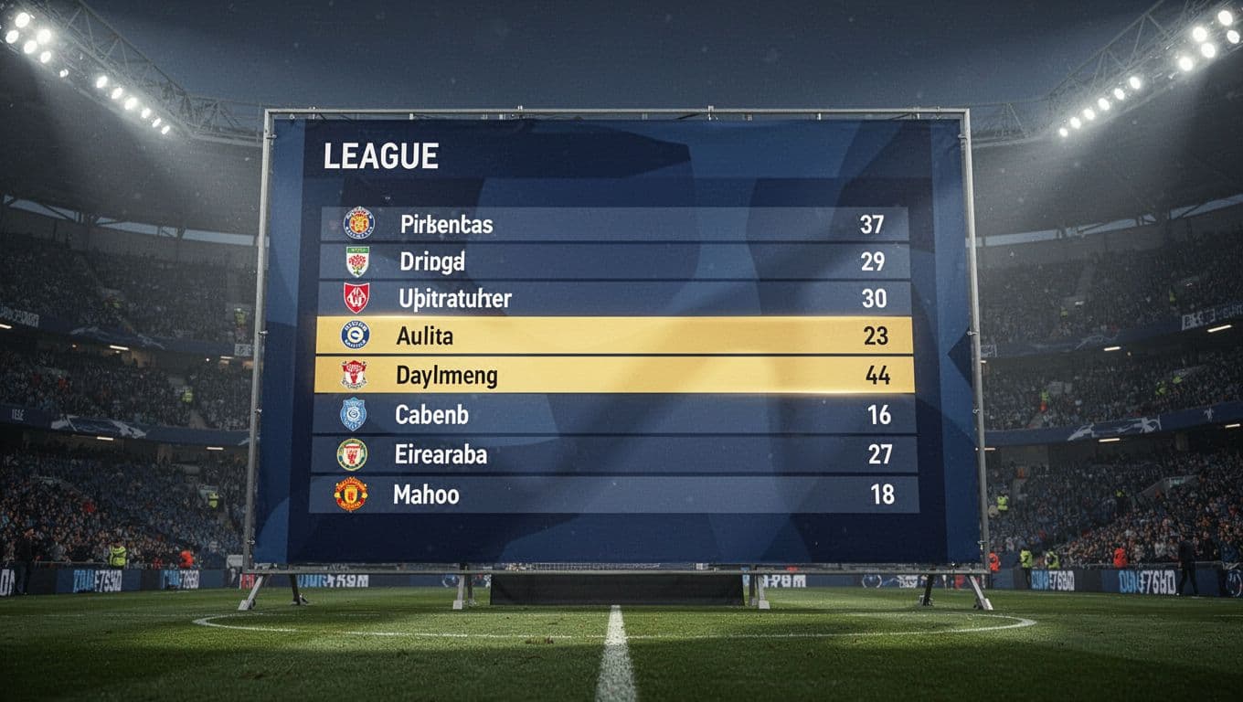 A digital scoreboard in a professional soccer stadium displays a league table with highlighted team positions.